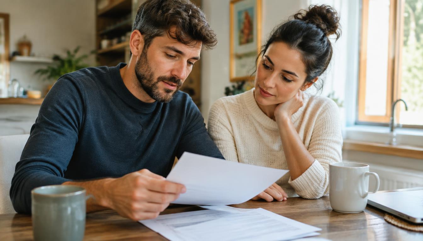 A couple reviewing insurance documents together at their kitchen table