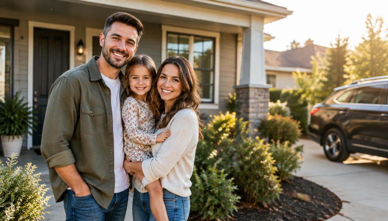 A family in front of their home